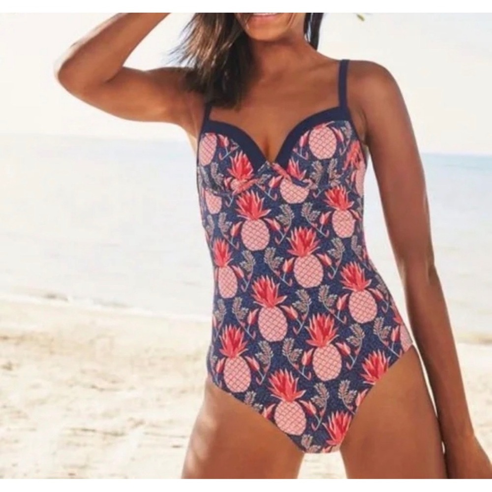 Boden Milos Underwire Swimsuit Pineapple Print Navy Red Coastal Resort Wear 38D